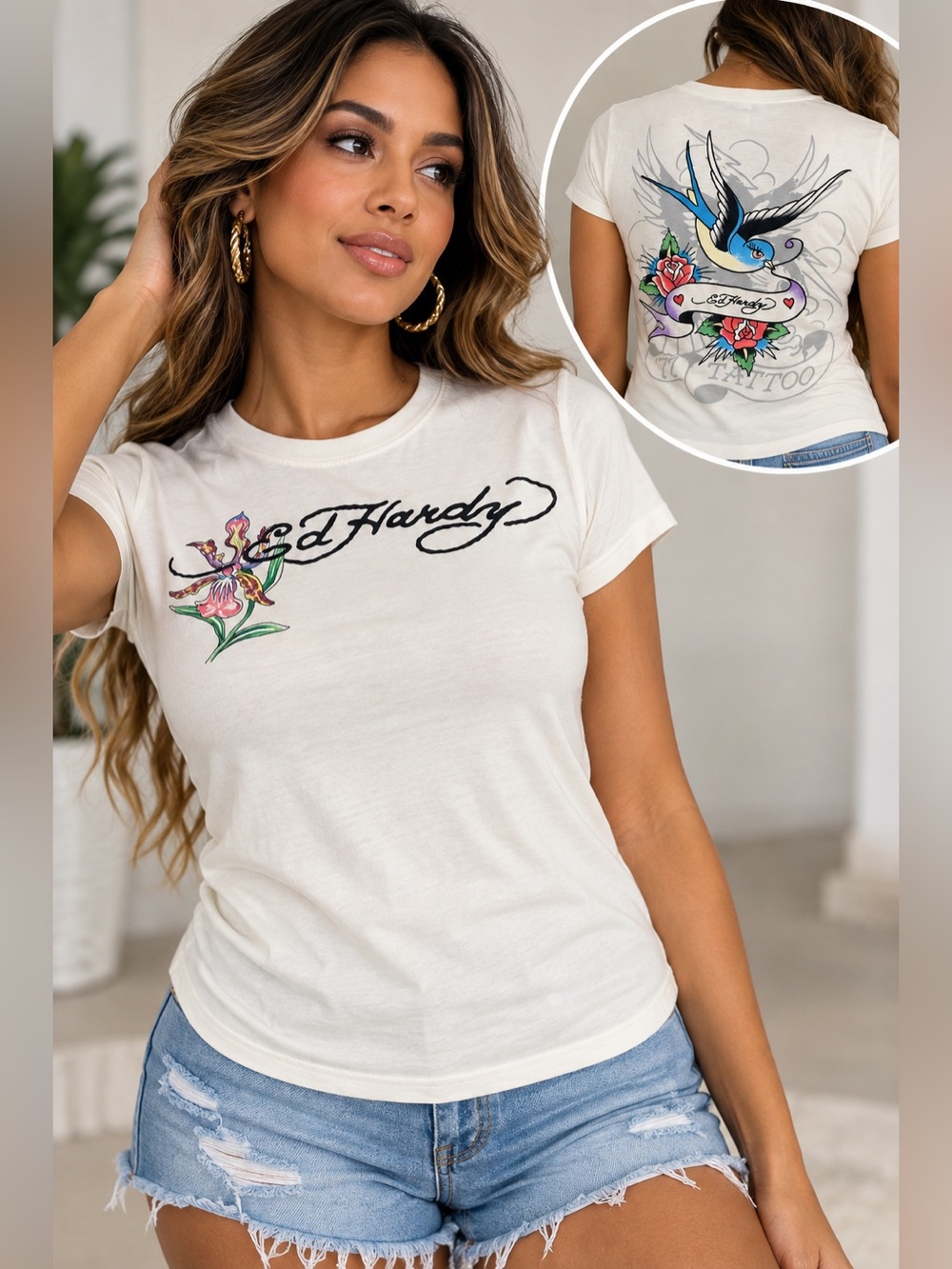 Ed Hardy Women’s White Tattoo Graphic Baby Tee Floral Swallow Y2K